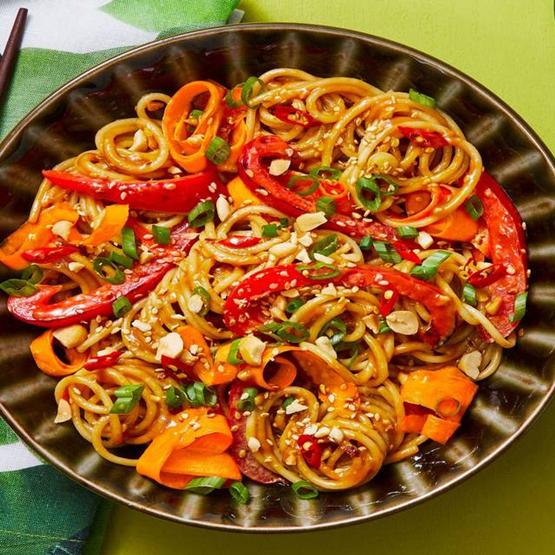 Sesame Peanut Noodles with Bell Pepper and Carrot Ribbons