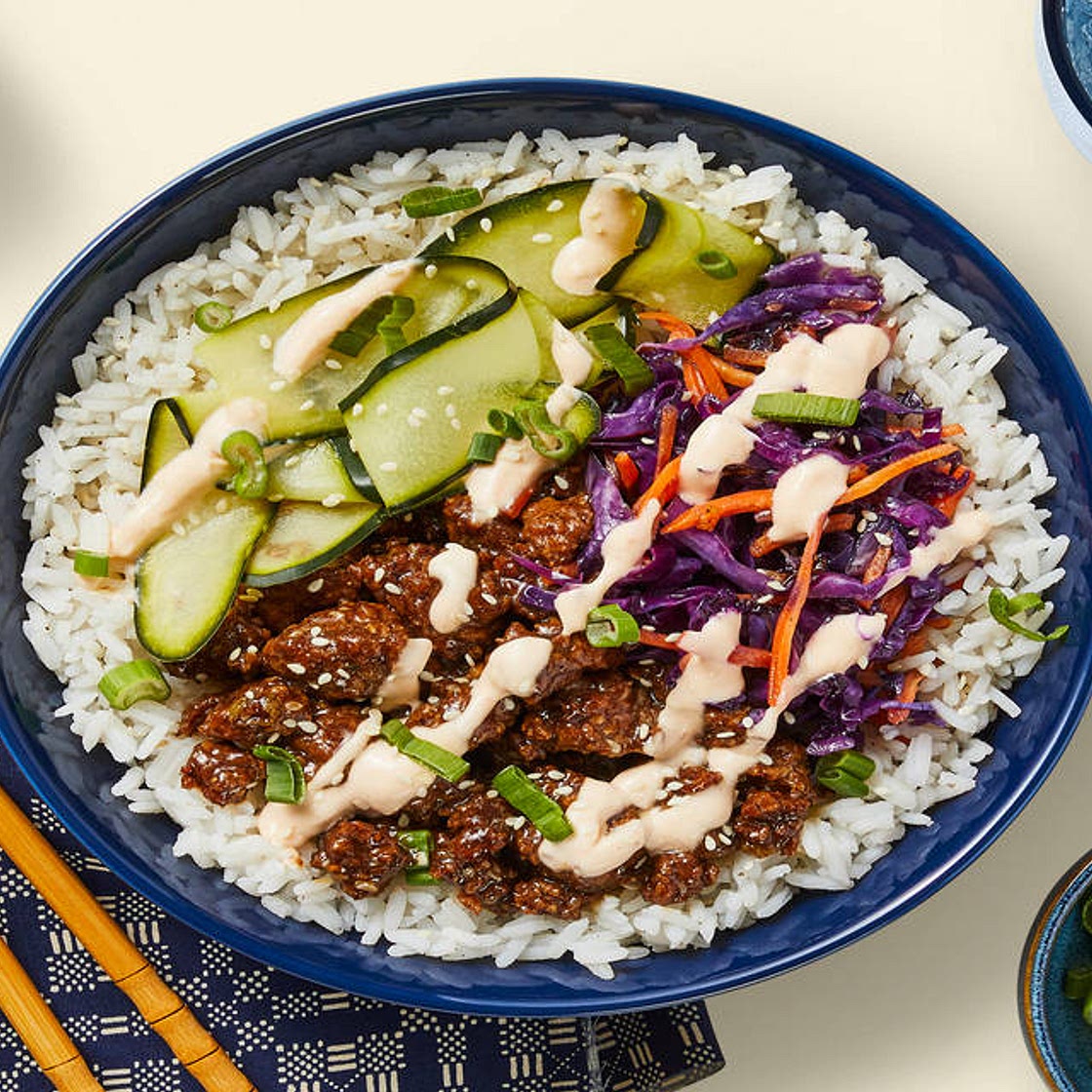 Beef Bulgogi Bowls with Pickled Cucumber & Sriracha Crema
