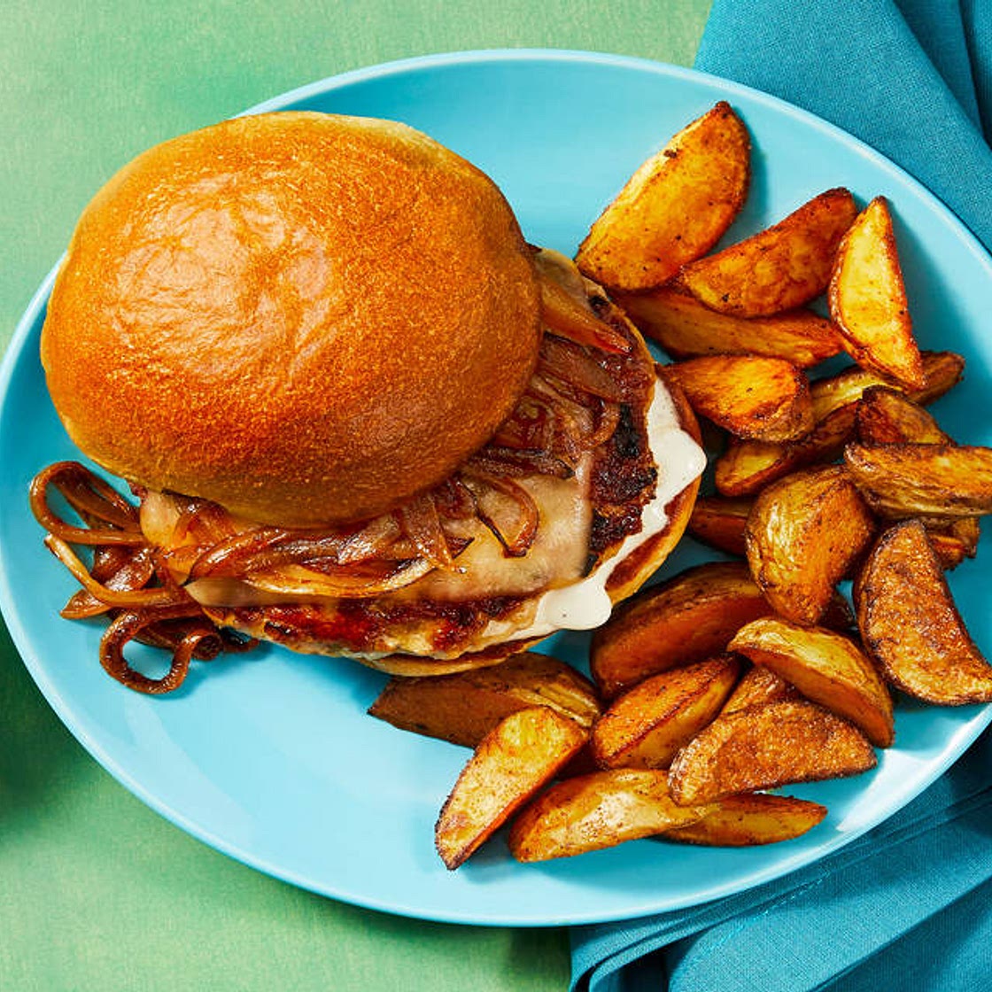 Gouda Pork Burgers with Caramelized Sriracha Onion & Potato Wedges