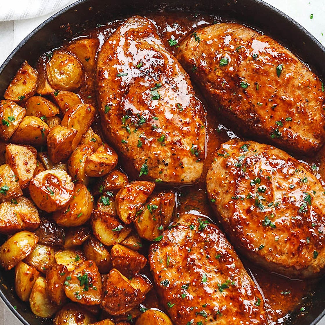 Honey Mustard Pork Chops and Potato Skillet