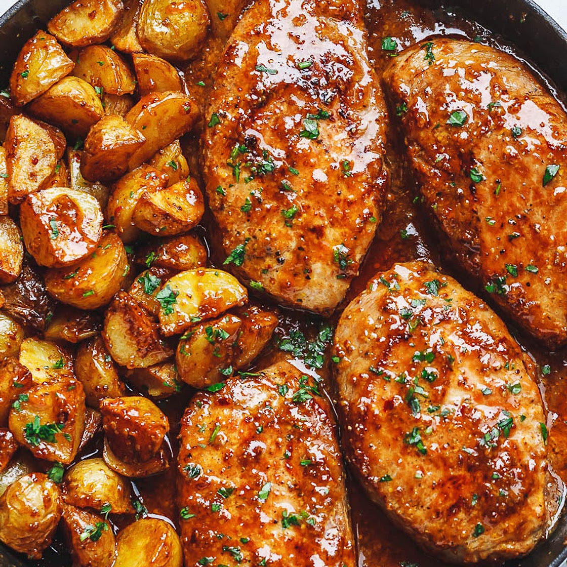 Honey Mustard Pork Chops and Potato Skillet