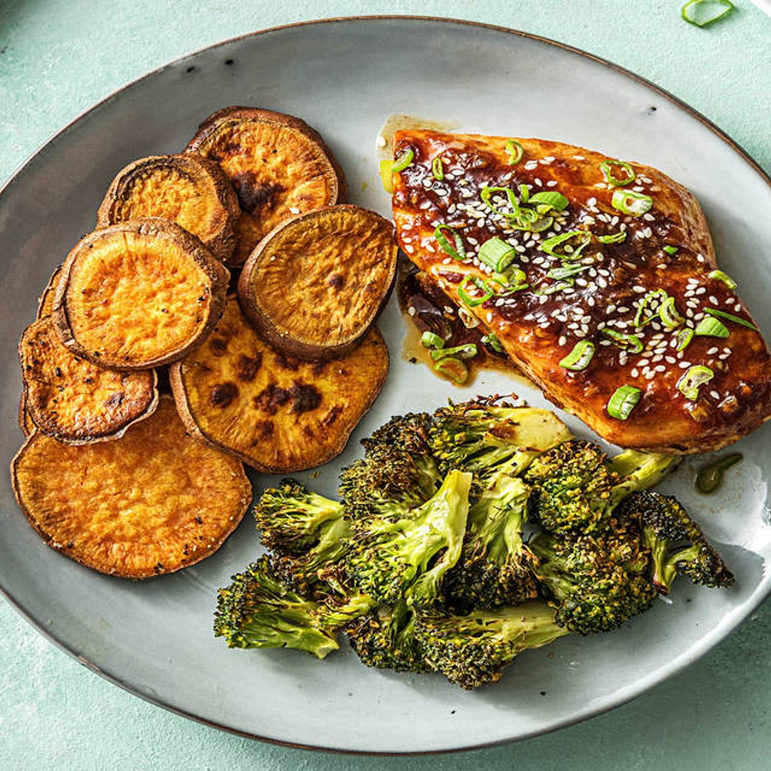 Hoisin Sriracha Chicken with Roasted Sweet Potatoes and Broccoli
