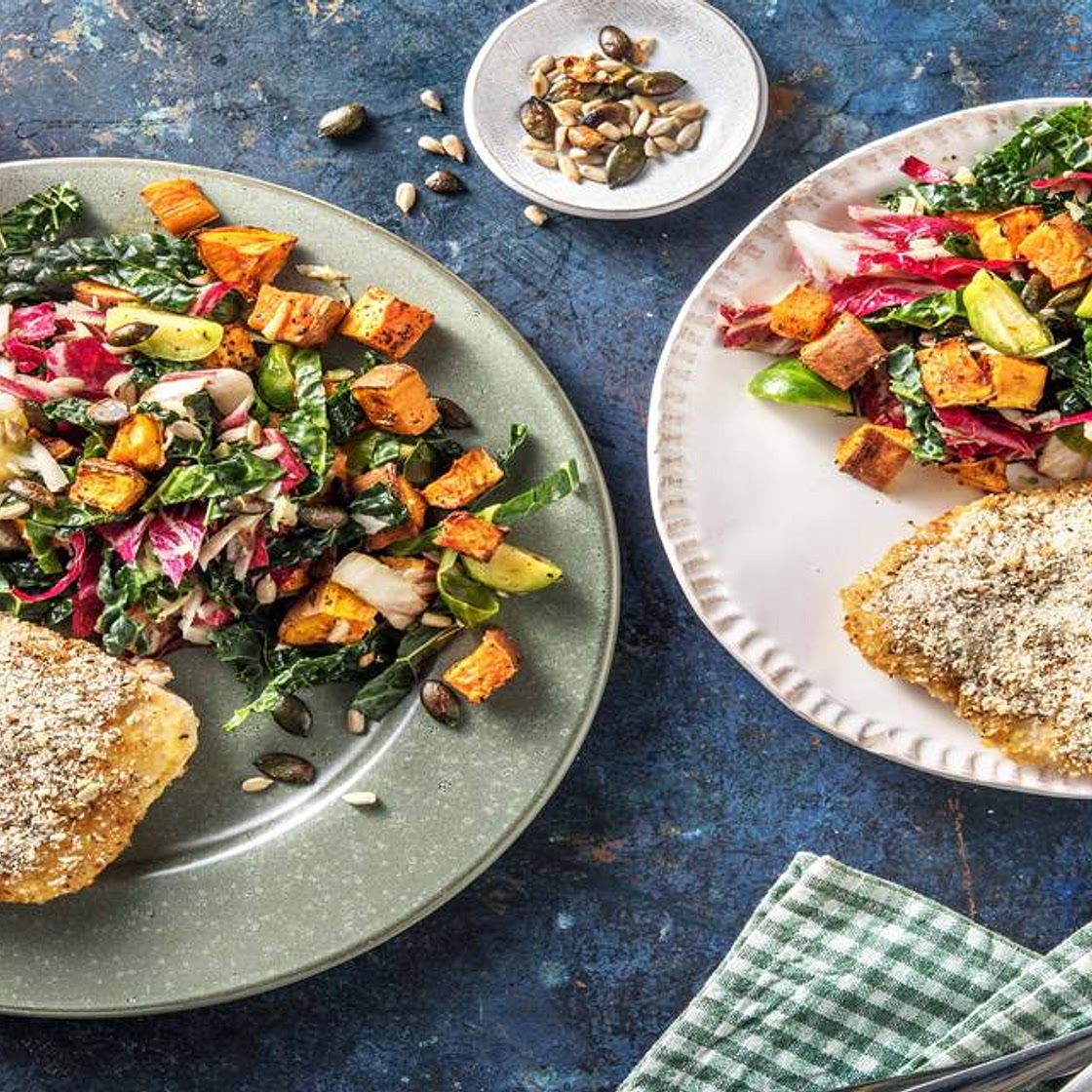 Herb-Crusted Honey-Mustard Chicken with Kale and Roasted Sweet Potato Salad