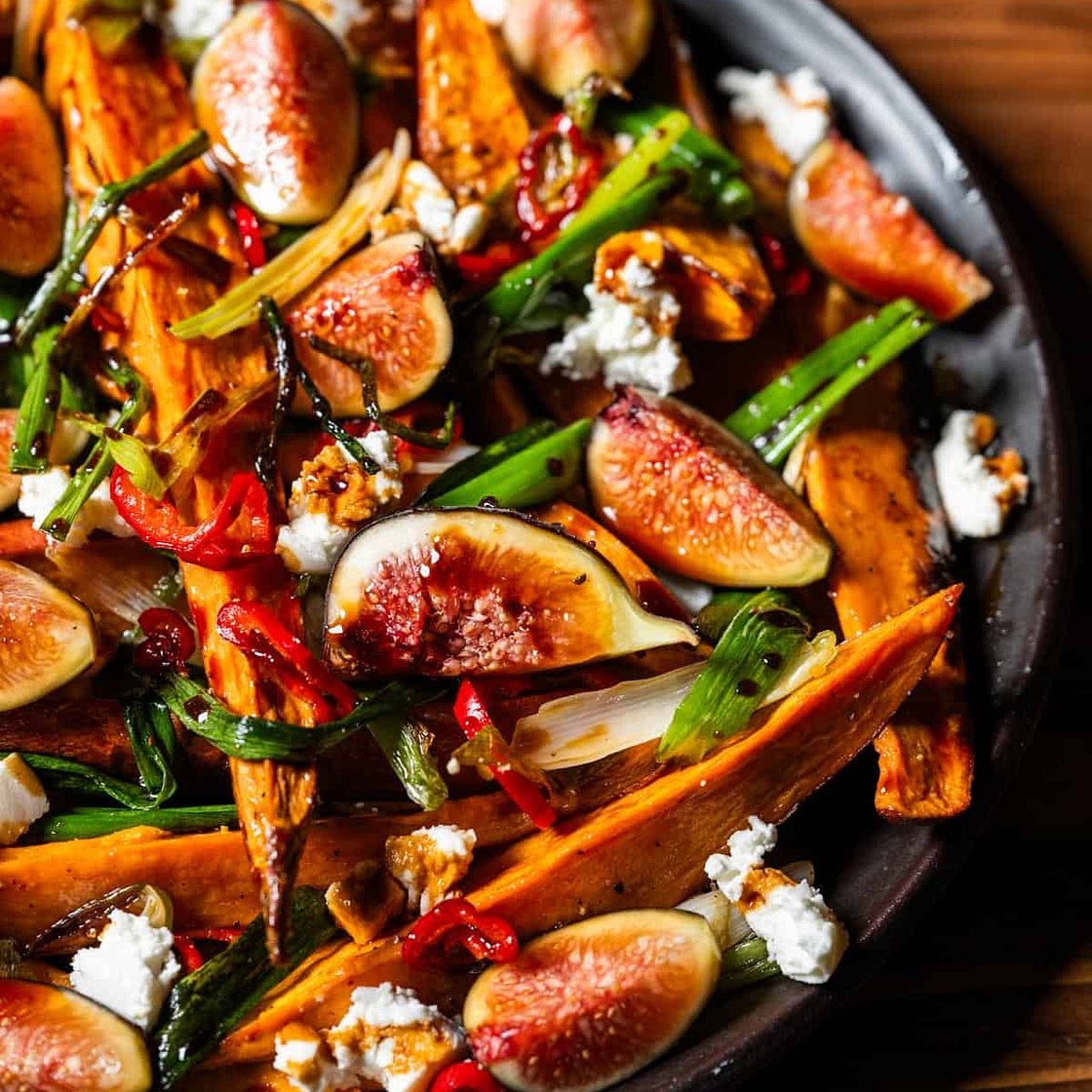 Roasted Sweet Potatoes with Scallions and Figs