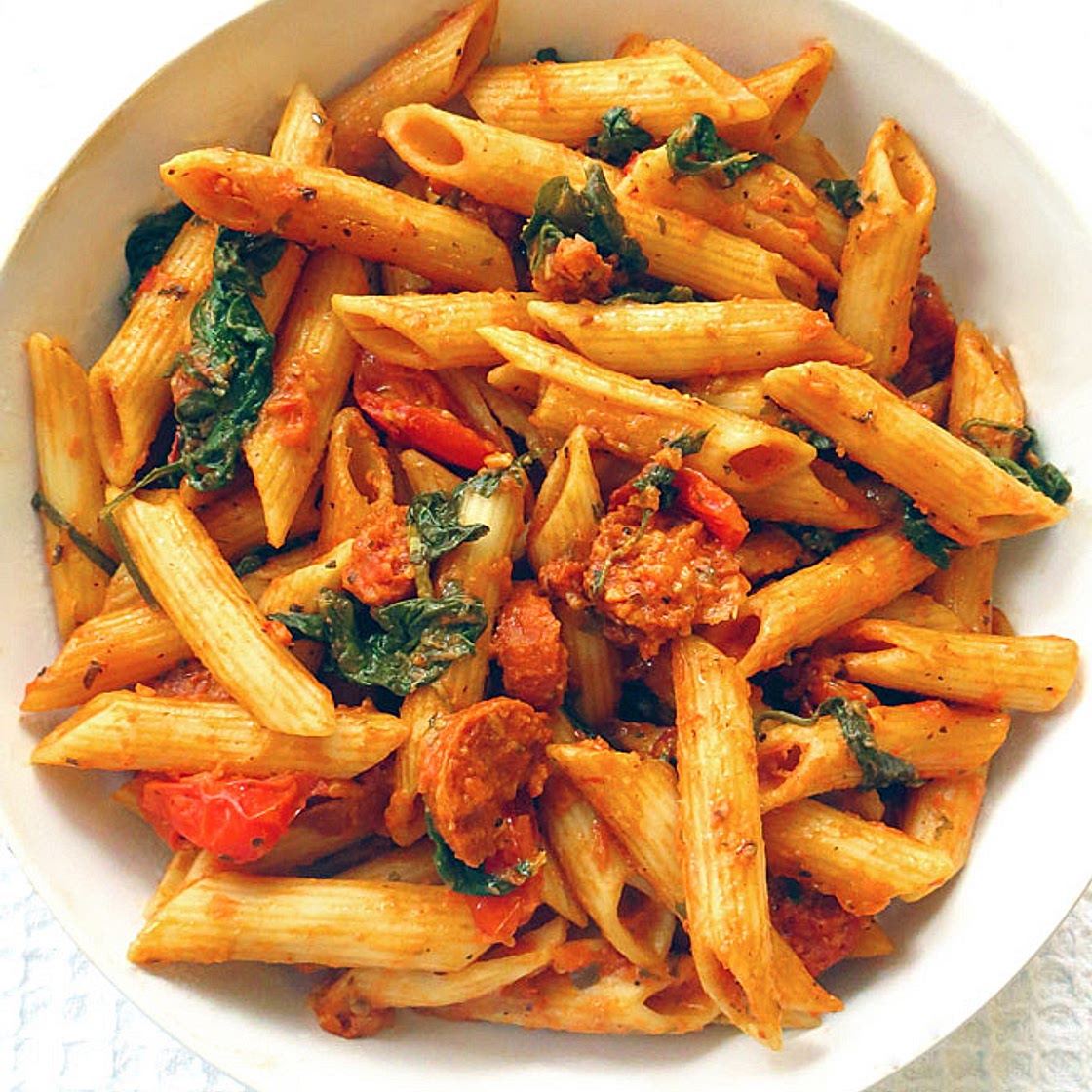 Spinach and Chorizo Red Pesto Penne