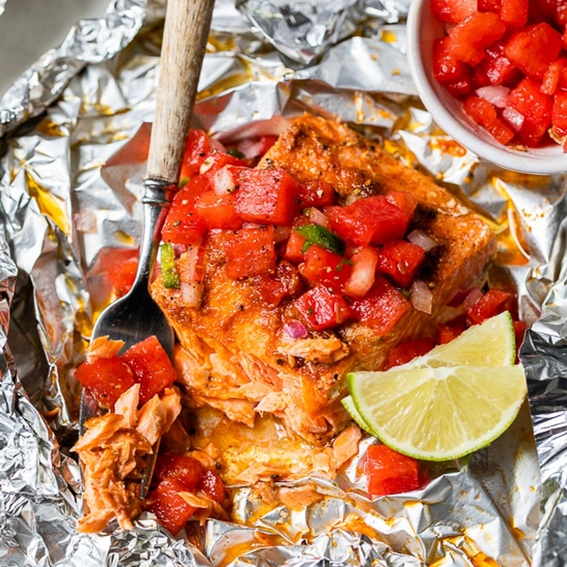 Foil Packet Spice Rubbed Fish with Watermelon Salsa