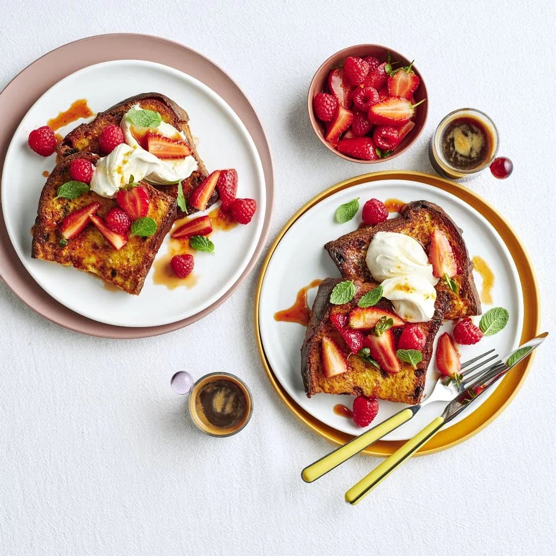 Panettone French toast with cardamom crème fraîche and berries