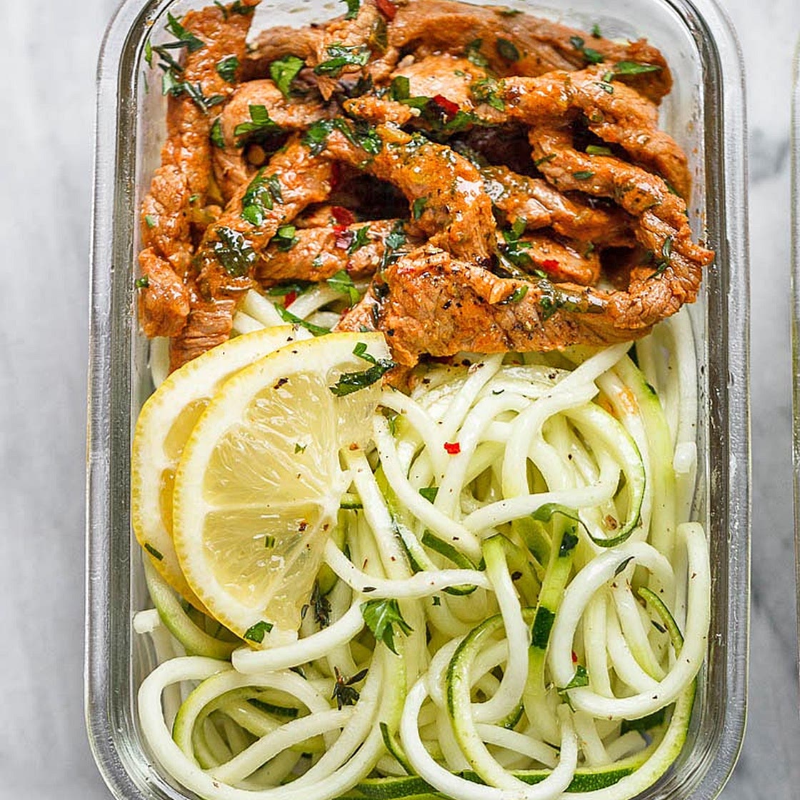 15 Minute Meal Prep Garlic Butter Steak with Zucchini Noodles