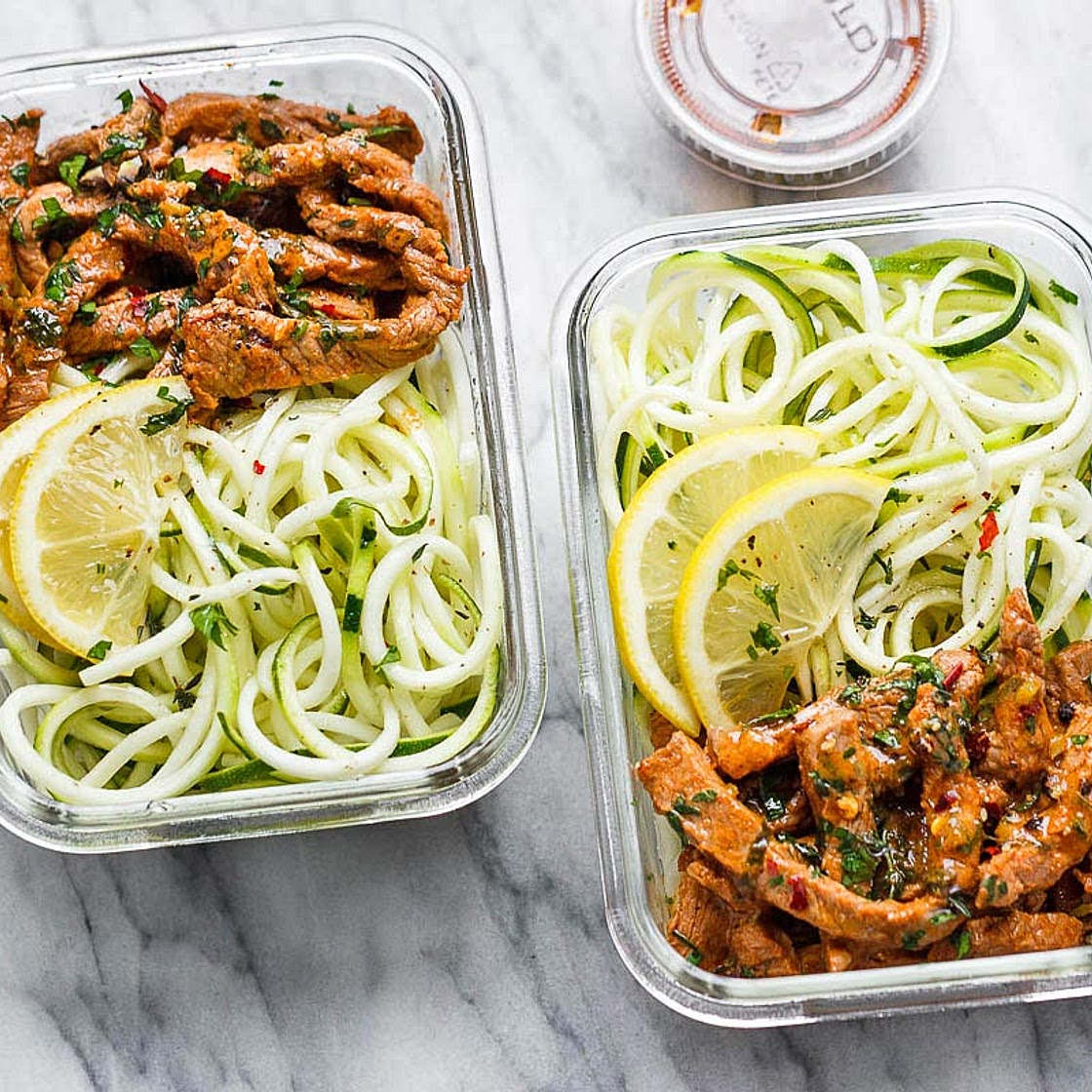 15 Minute Meal Prep Garlic Butter Steak with Zucchini Noodles