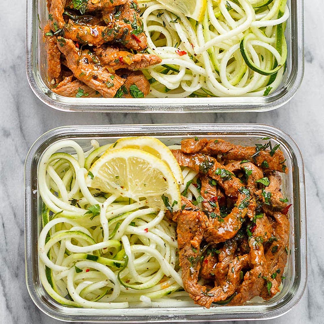 15 Minute Meal Prep Garlic Butter Steak with Zucchini Noodles