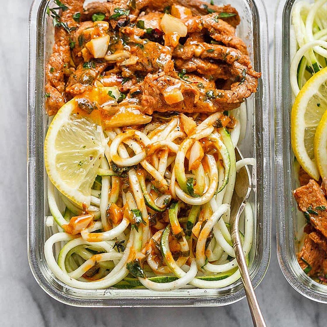 15 Minute Meal Prep Garlic Butter Steak with Zucchini Noodles