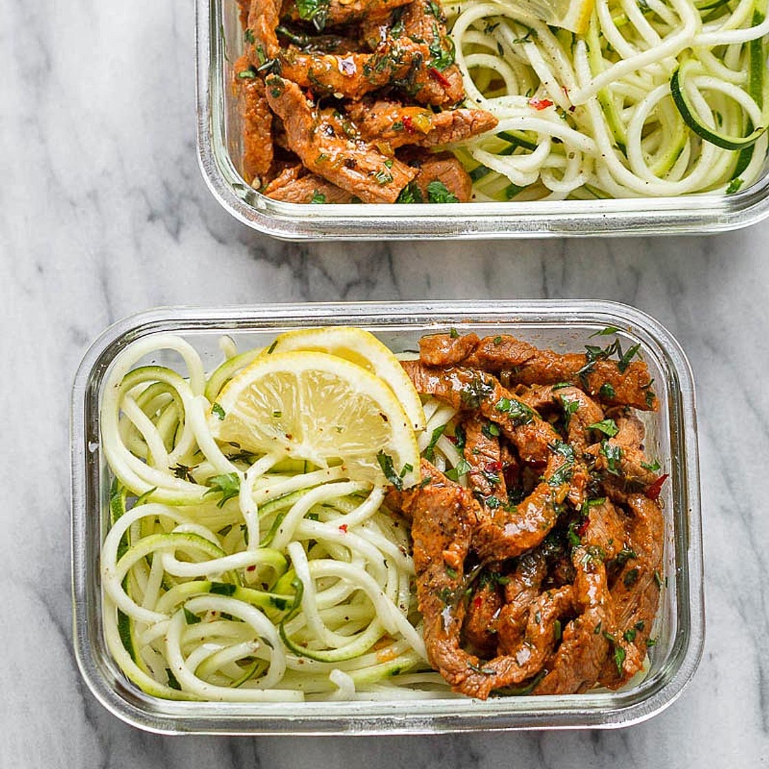 15 Minute Meal Prep Garlic Butter Steak with Zucchini Noodles