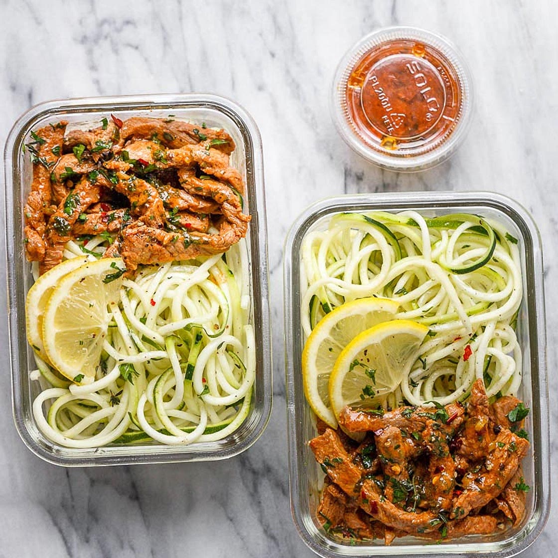 15 Minute Meal Prep Garlic Butter Steak with Zucchini Noodles