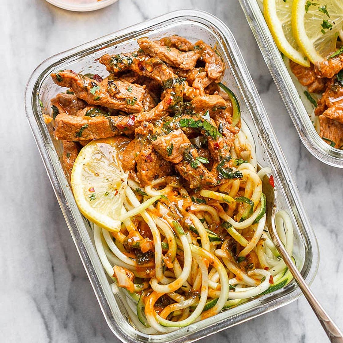15 Minute Meal Prep Garlic Butter Steak with Zucchini Noodles
