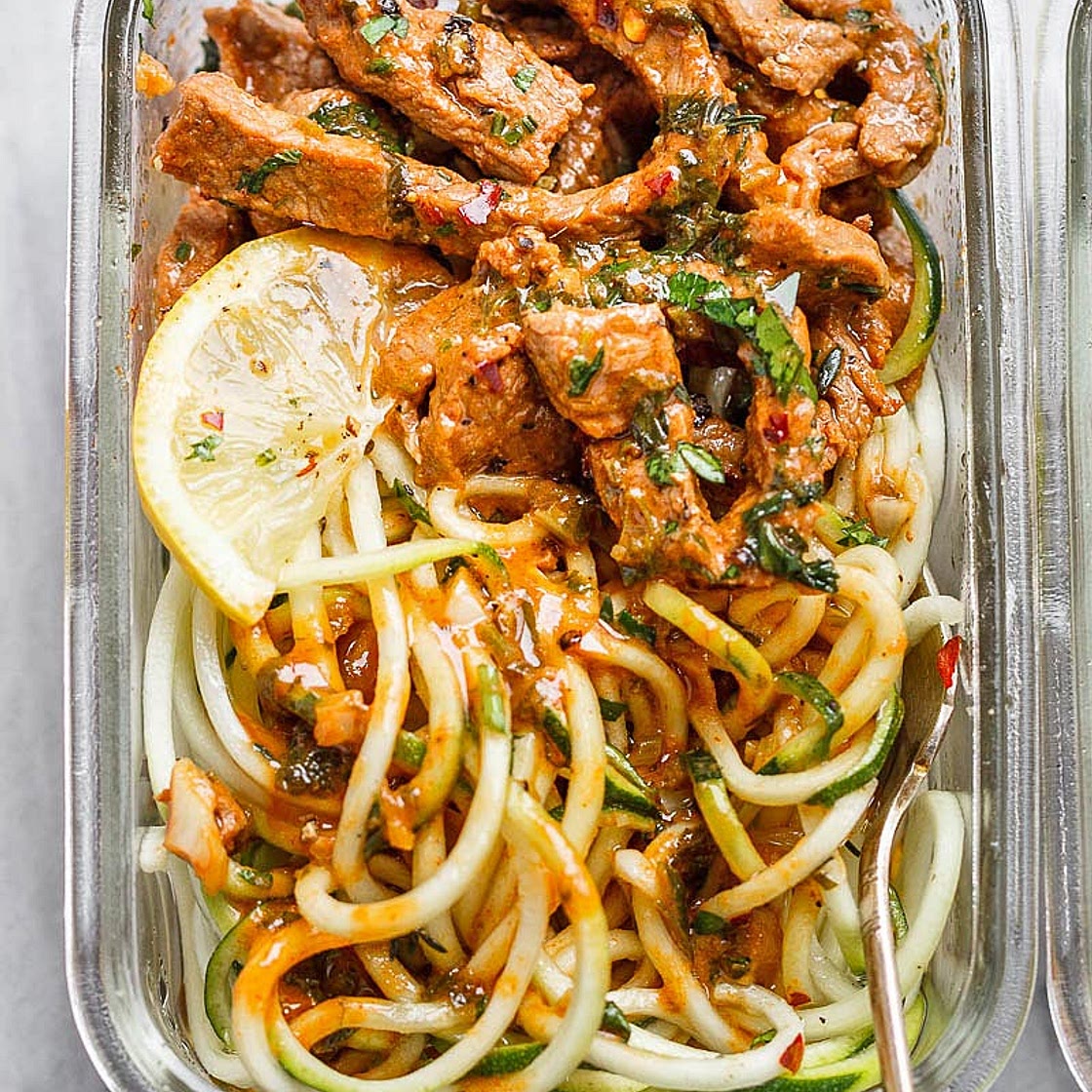 15 Minute Meal Prep Garlic Butter Steak with Zucchini Noodles