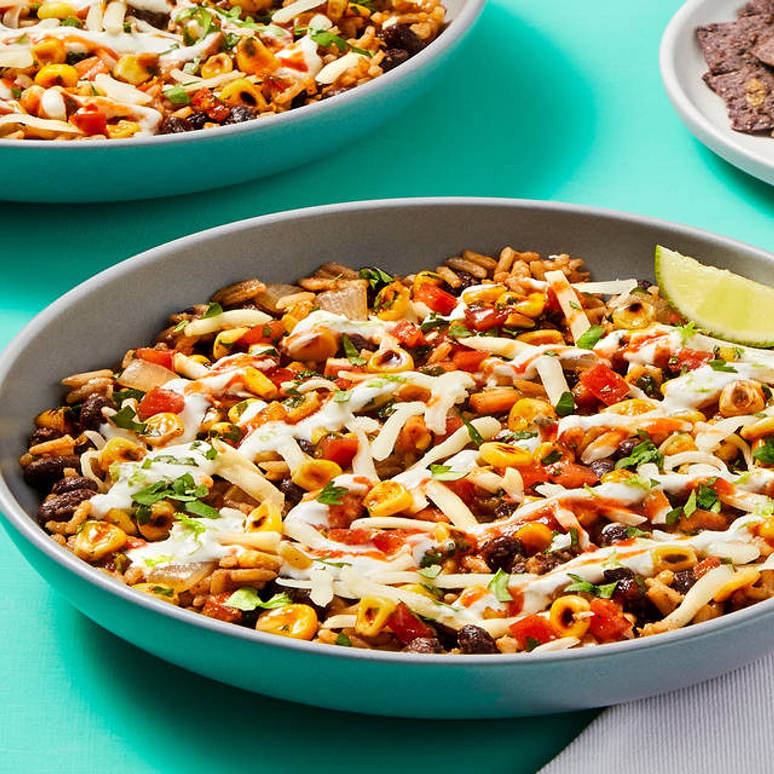 Black Bean & Charred Corn Burrito Bowls with Blue Corn Tortilla Chips & Tomato Salsa