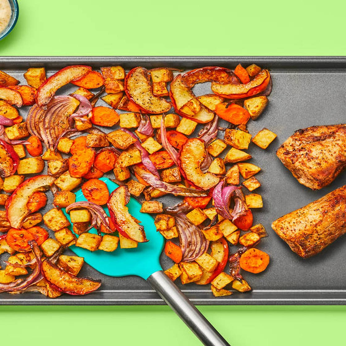 Sheet Pan Creamy Mustard Pork Tenderloin plus Rosemary Roasted Root Veggies & Apple