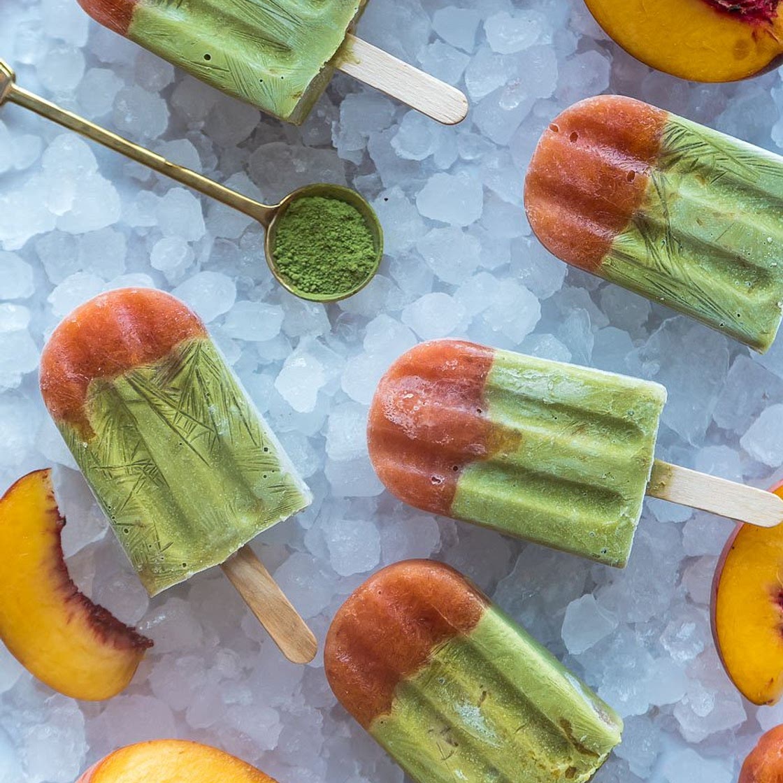 Creamy Matcha and Peach Popsicles