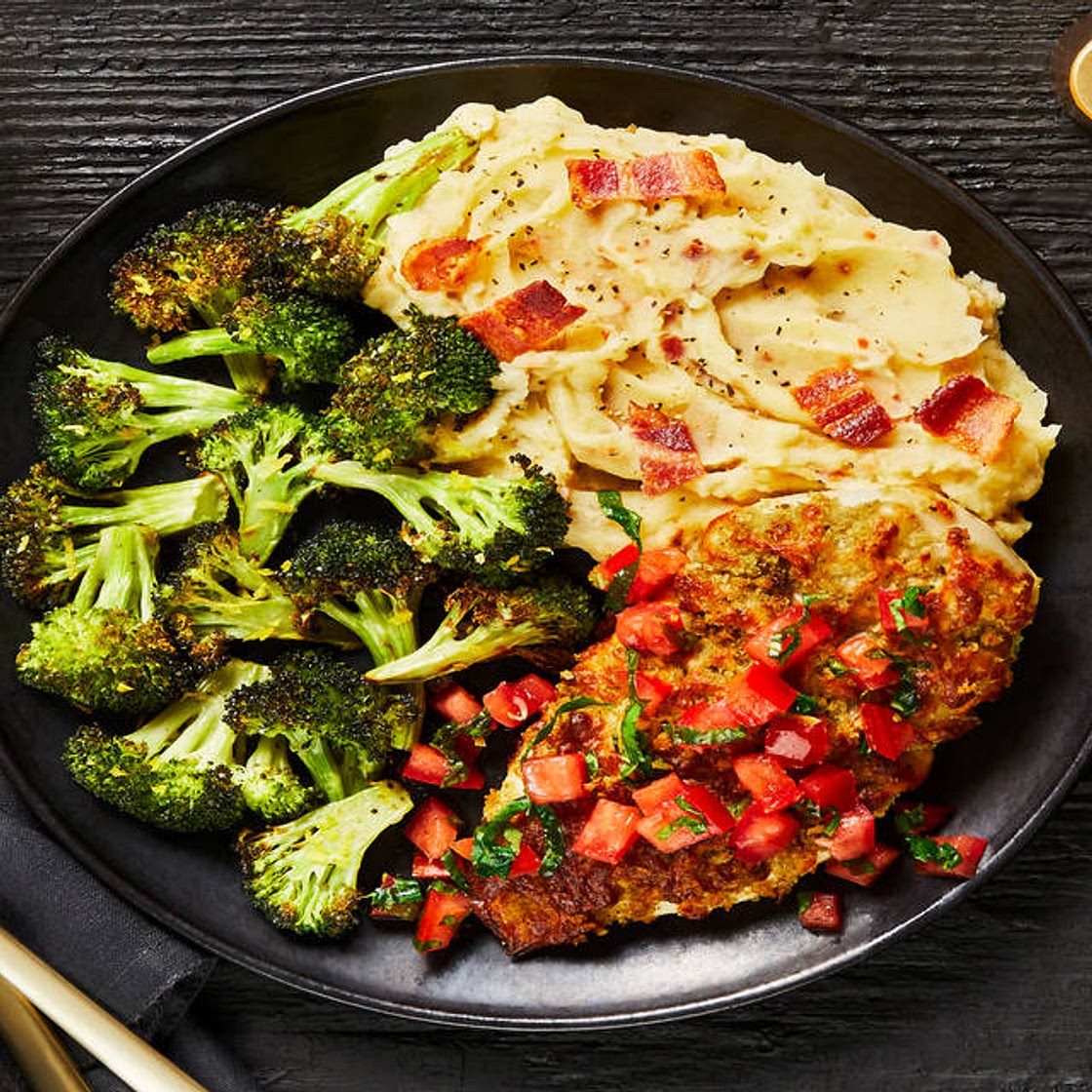 Bruschetta Chicken with a Crispy Mozzarella Crust, Bacon Mashed Potatoes & Broccoli