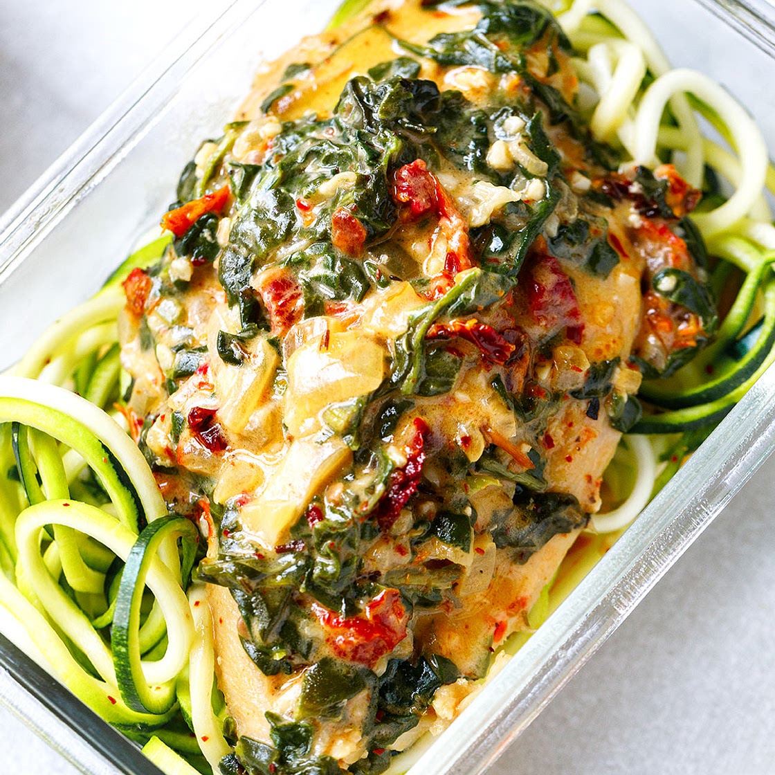 Creamy Spinach Chicken Meal Prep with Zucchini Noodles