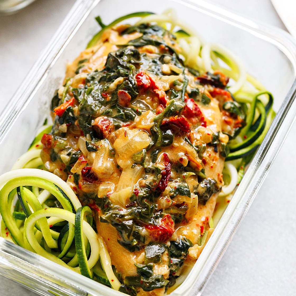 Creamy Spinach Chicken Meal Prep with Zucchini Noodles