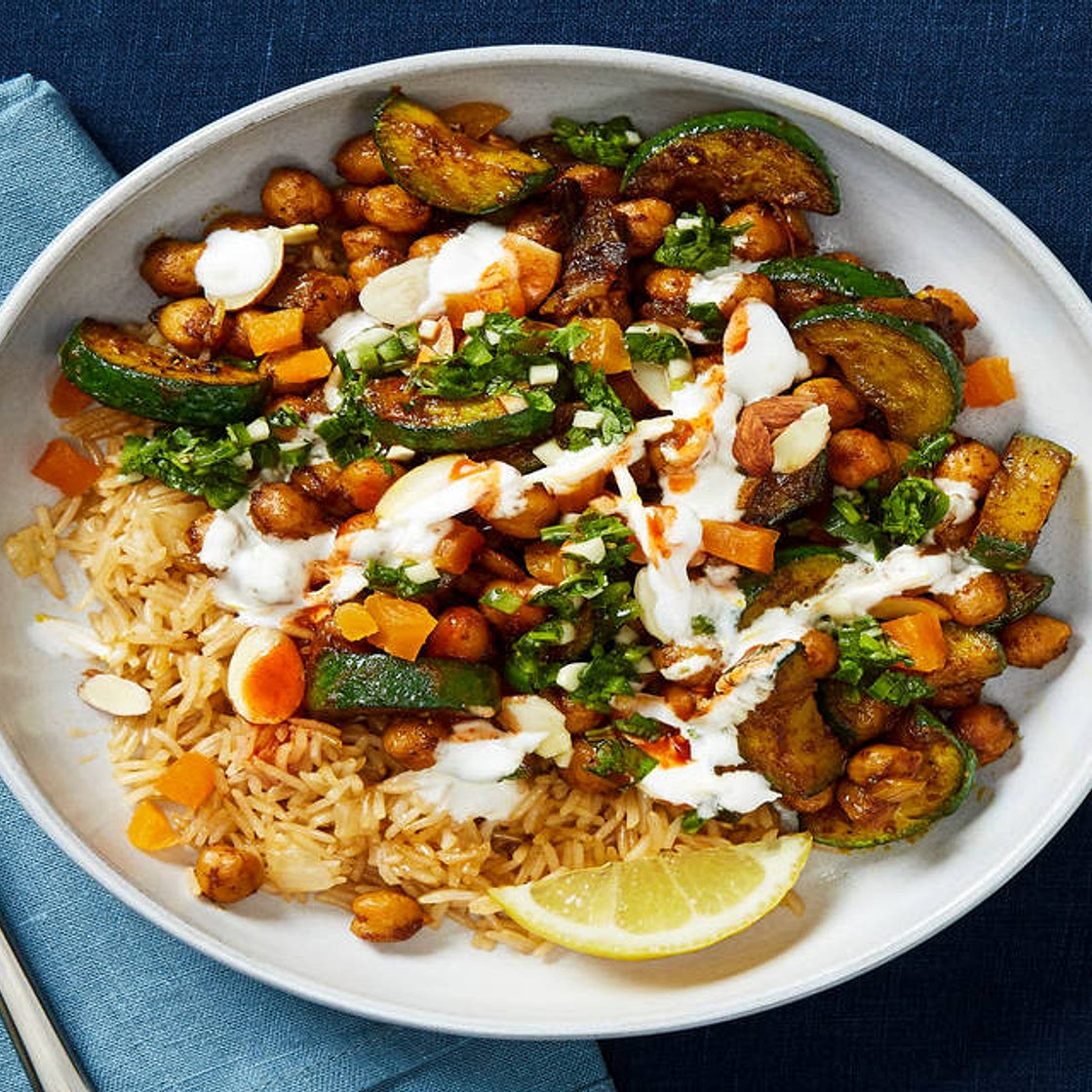 Apricot, Almond & Chickpea Tagine with Zucchini, Basmati Rice & Chermoula