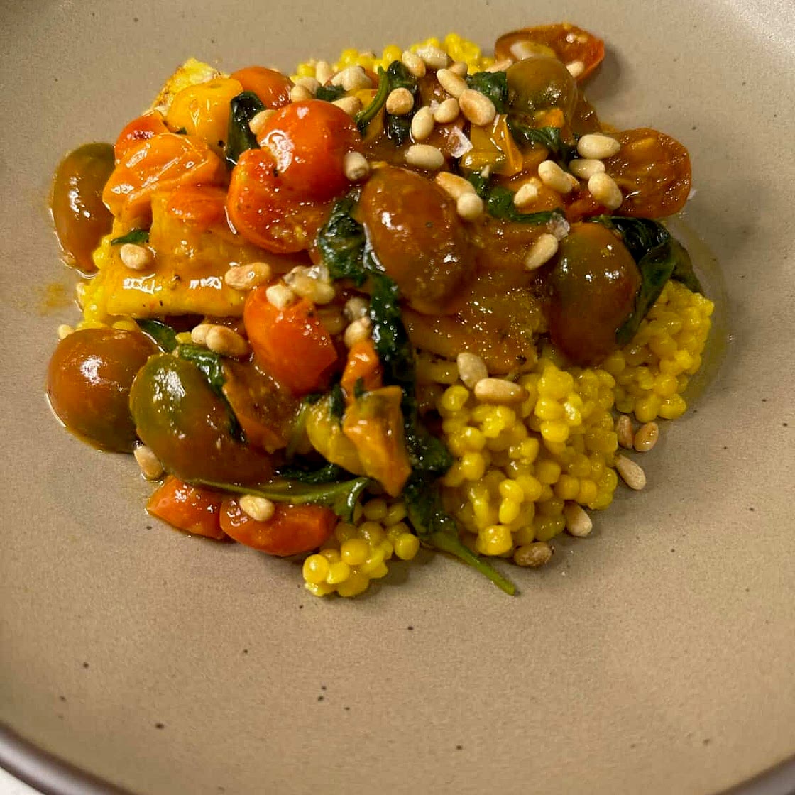 Cod with Burst Tomatoes, Basil, and Pine Nuts