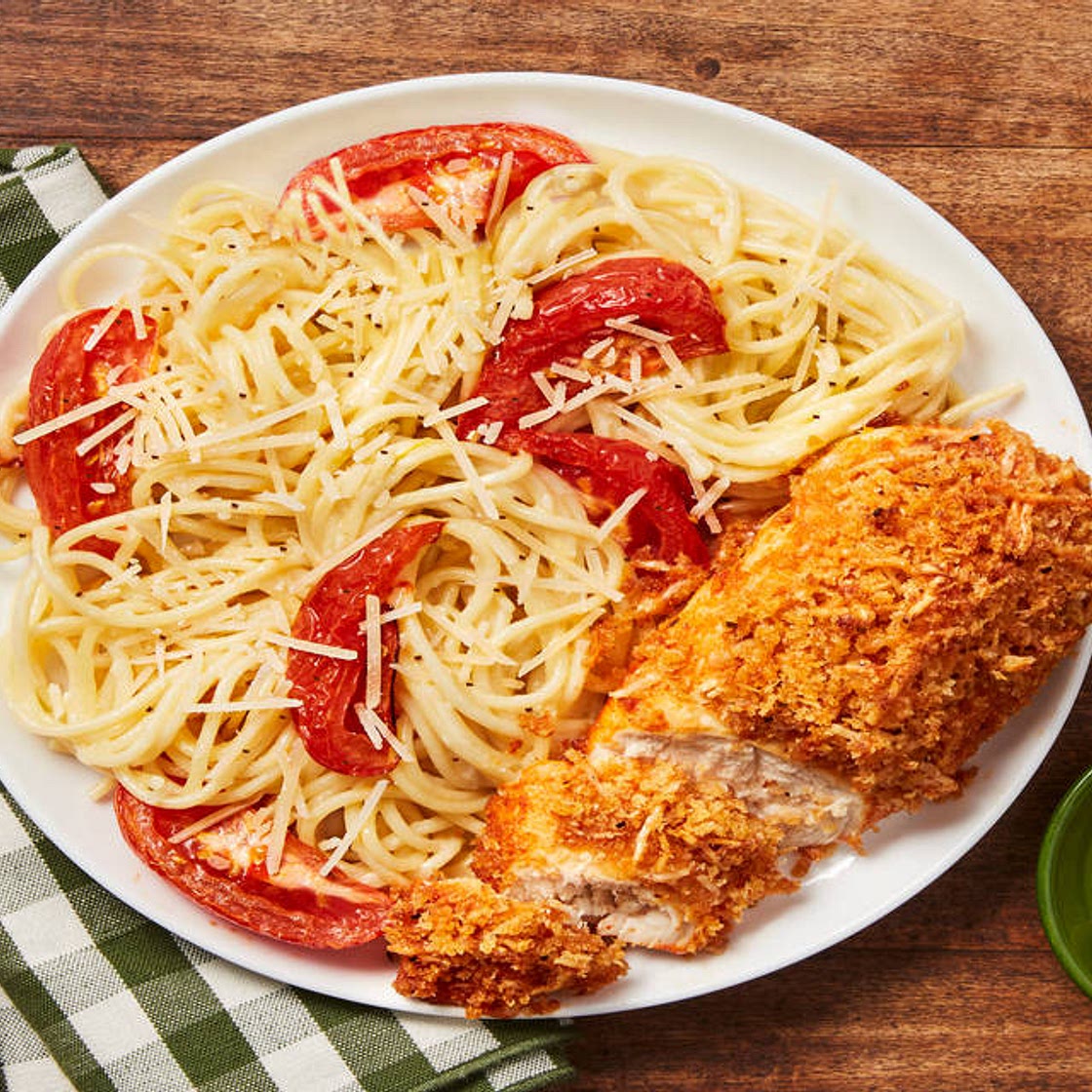 Parmesan-Crusted Chicken with Creamy Lemon Tomato Spaghetti