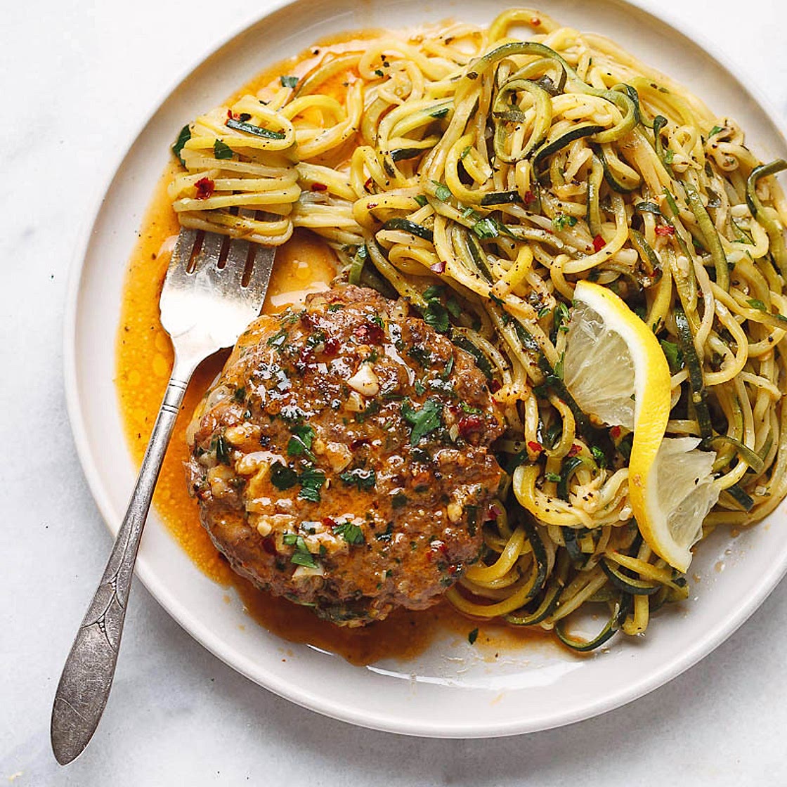Cheesy Garlic Burgers with Lemon Butter Zucchini Noodles