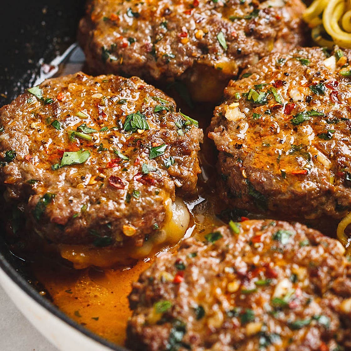 Cheesy Garlic Burgers with Lemon Butter Zucchini Noodles