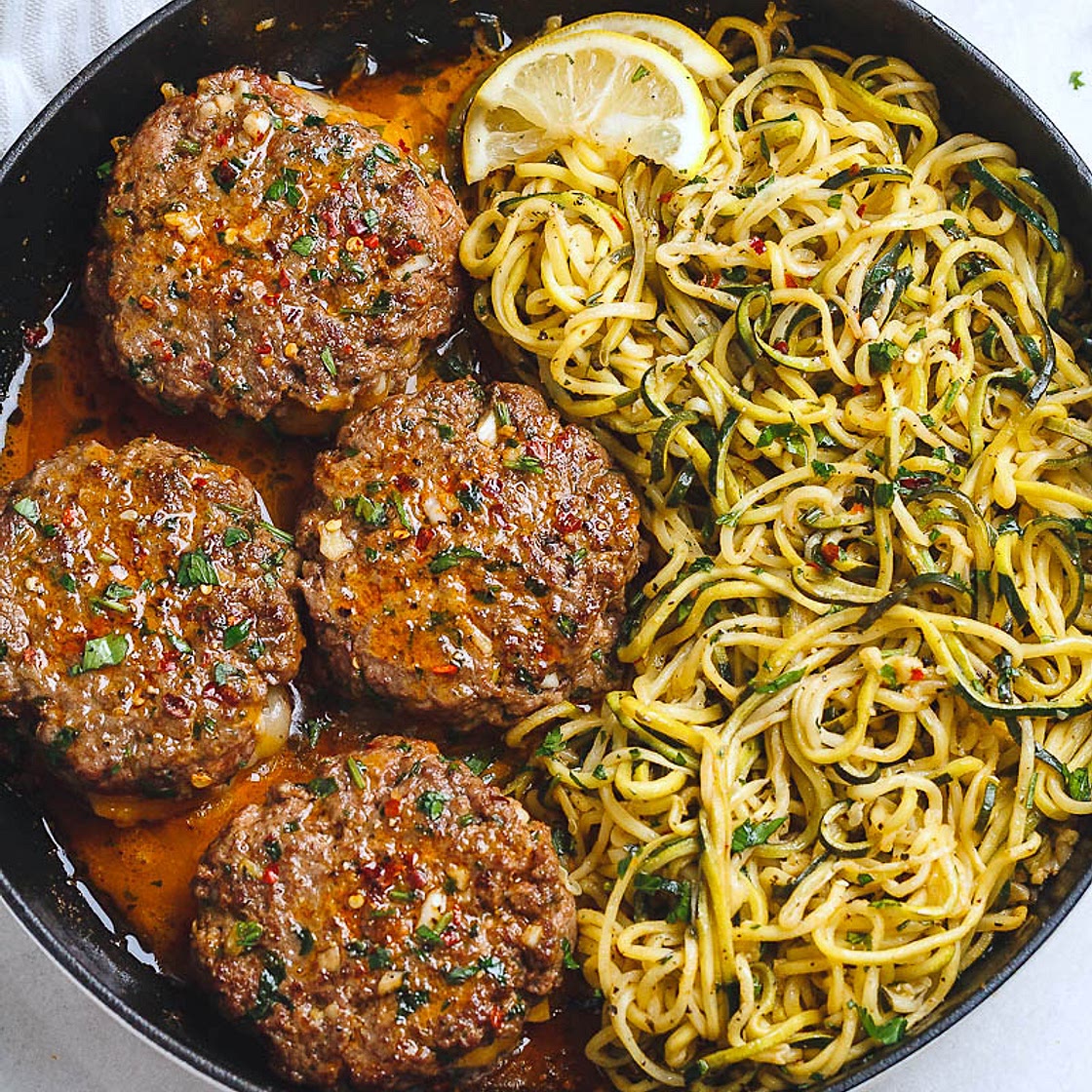 Cheesy Garlic Burgers with Lemon Butter Zucchini Noodles