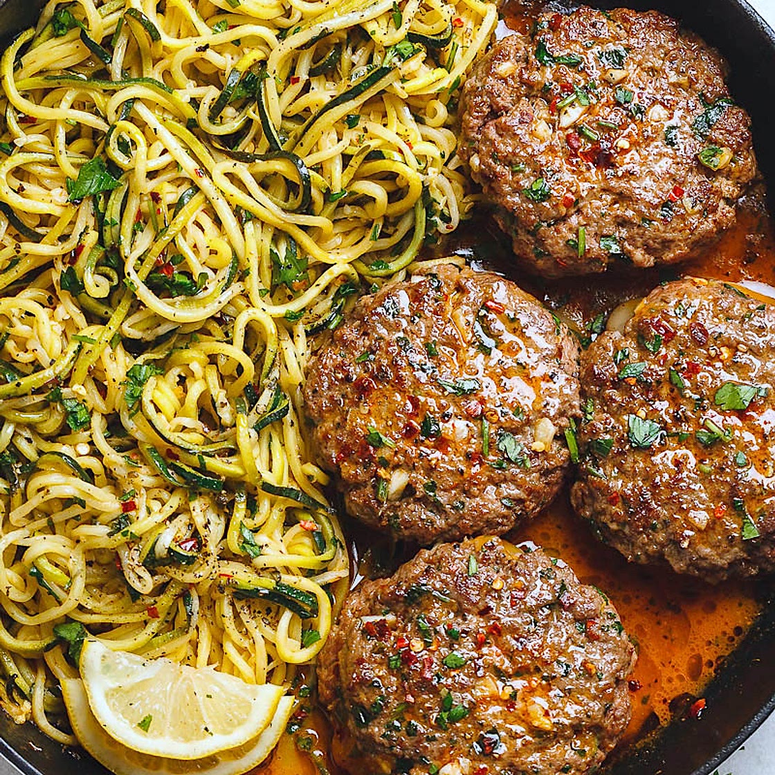 Cheesy Garlic Burgers with Lemon Butter Zucchini Noodles