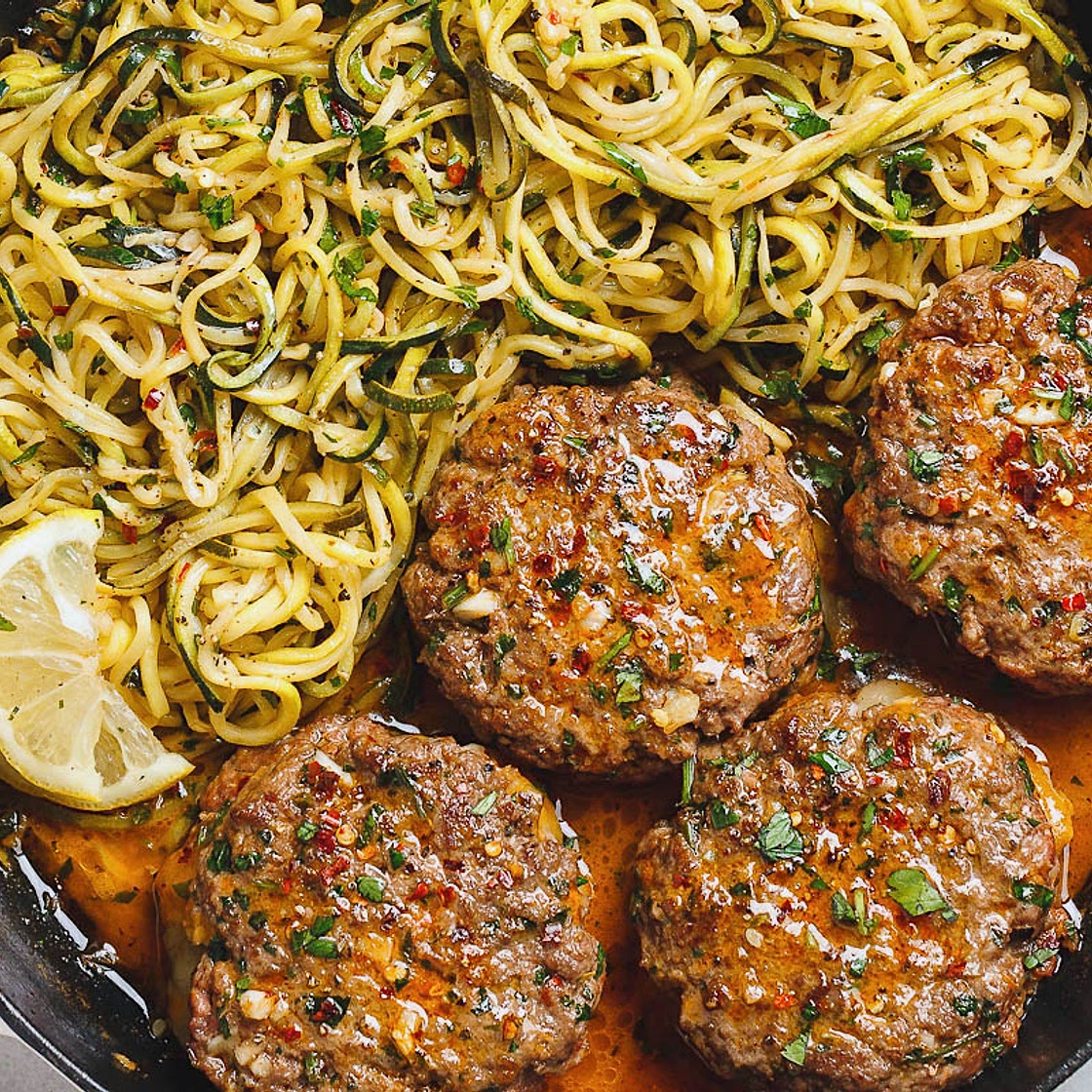 Cheesy Garlic Burgers with Lemon Butter Zucchini Noodles