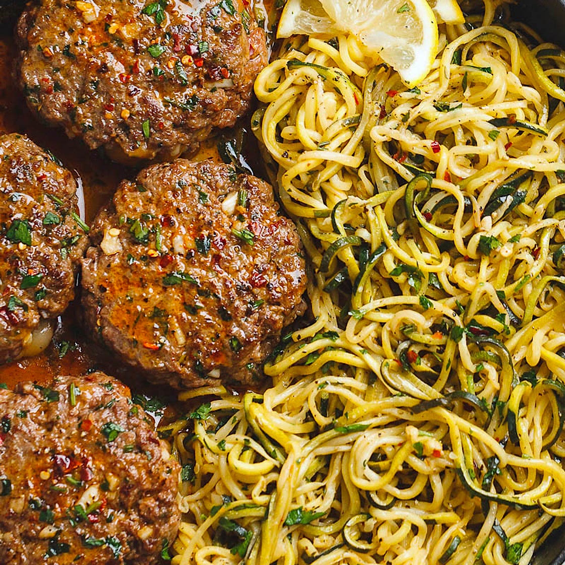 Cheesy Garlic Burgers with Lemon Butter Zucchini Noodles