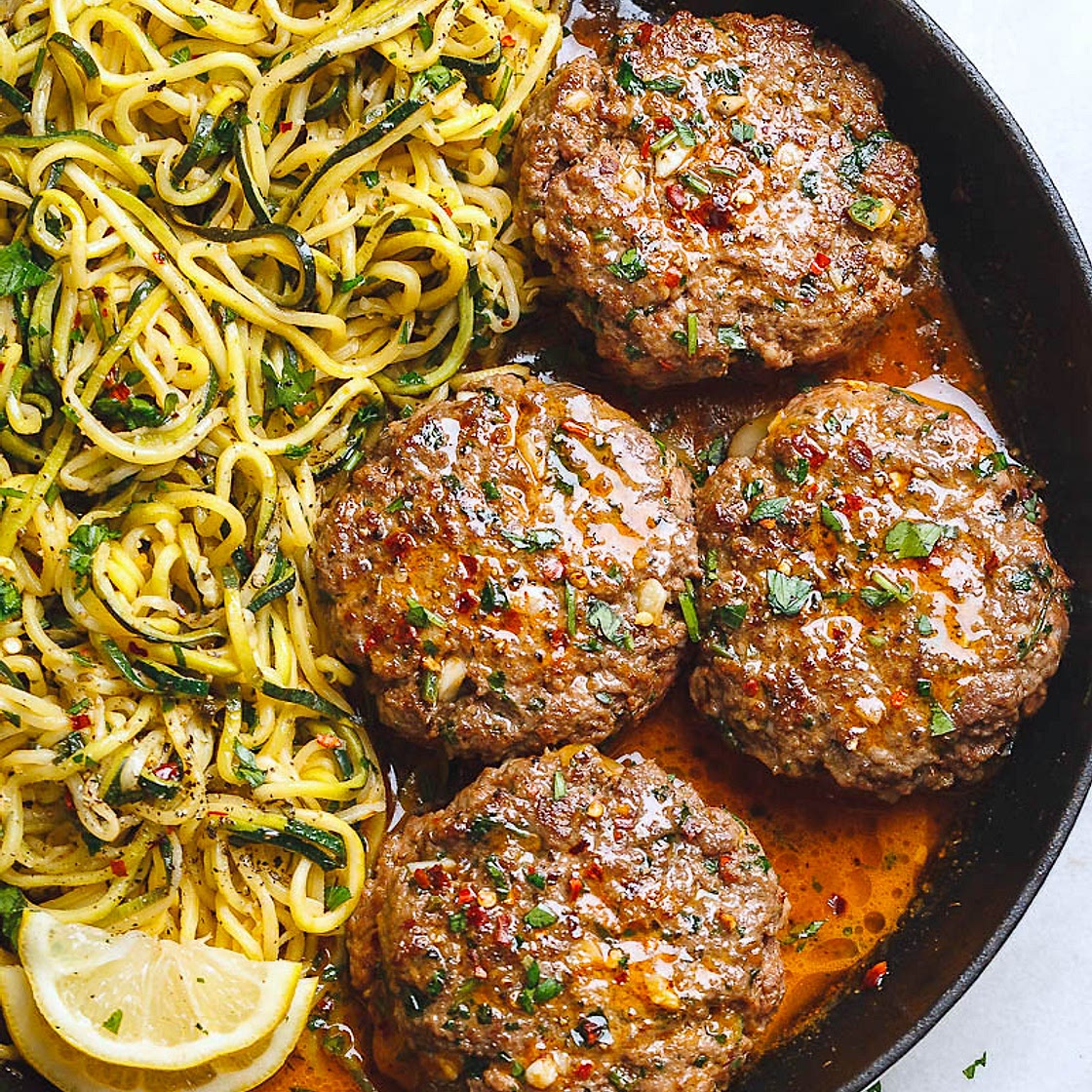 Cheesy Garlic Burgers with Lemon Butter Zucchini Noodles