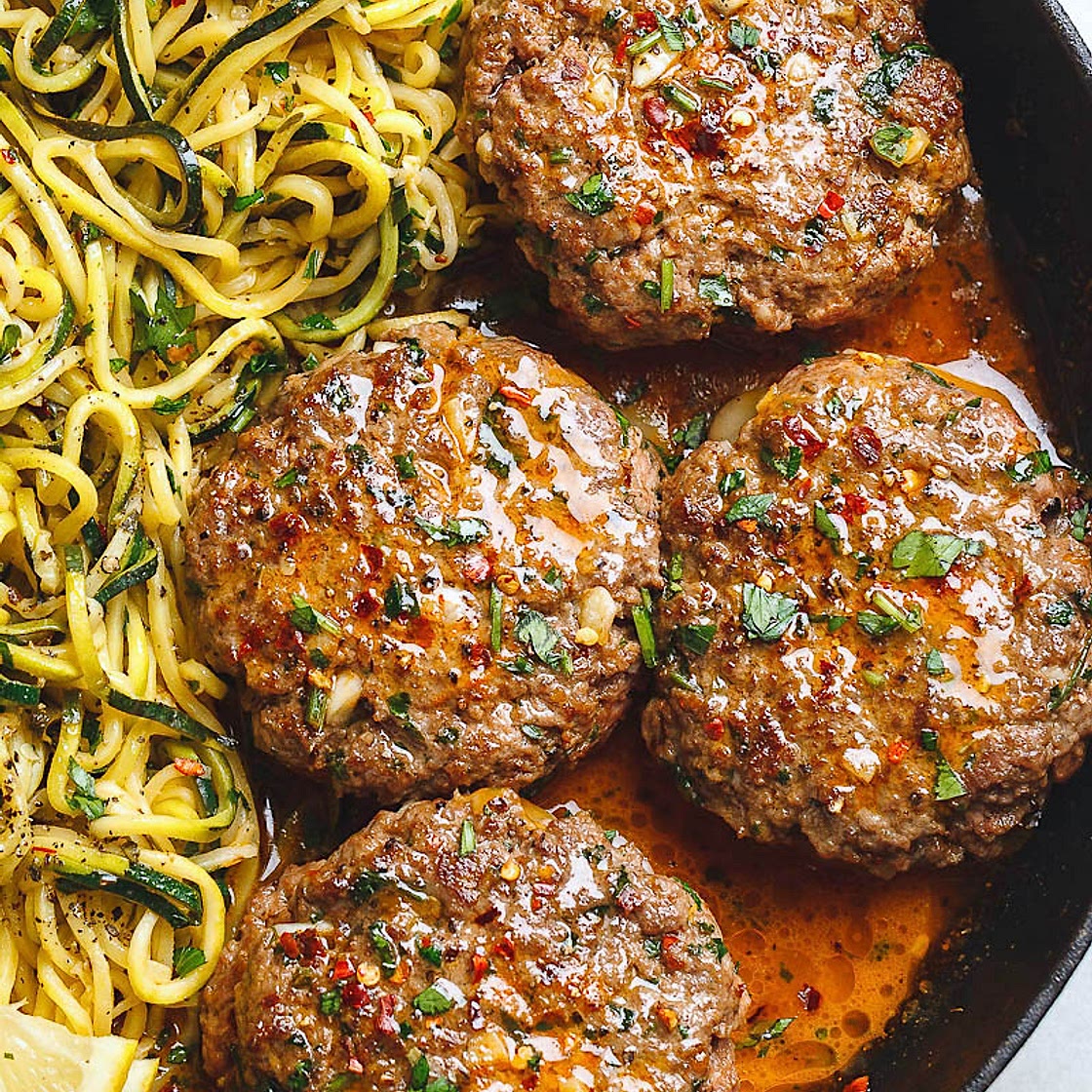 Cheesy Garlic Burgers with Lemon Butter Zucchini Noodles