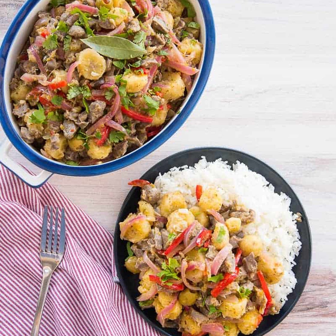 Guineitos con Mollejas en Escabeche (Marinated Green Bananas with Chicken Gizzards)