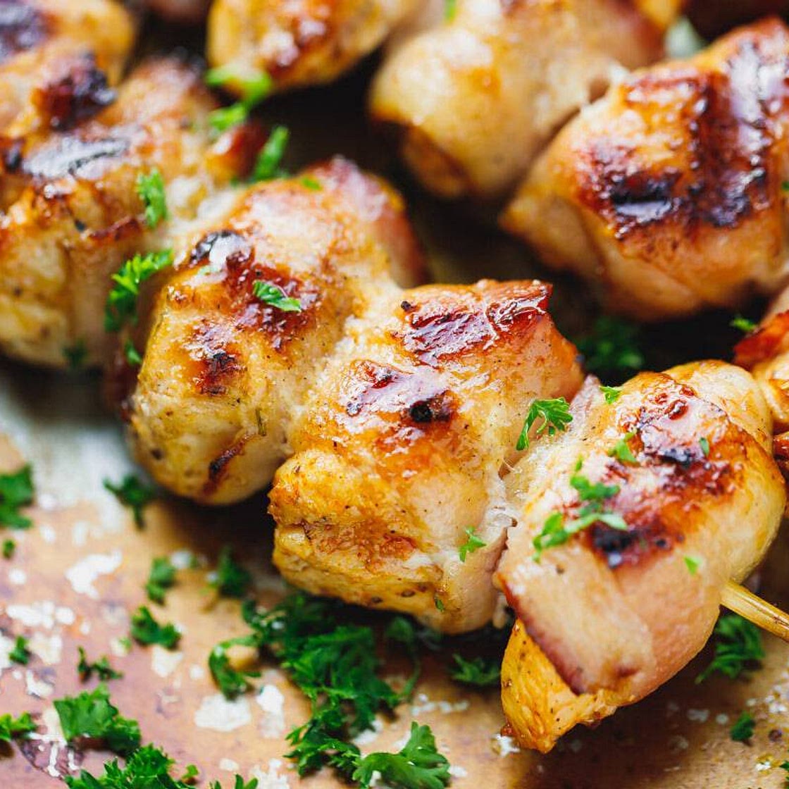 Bacon wrapped chicken skewers