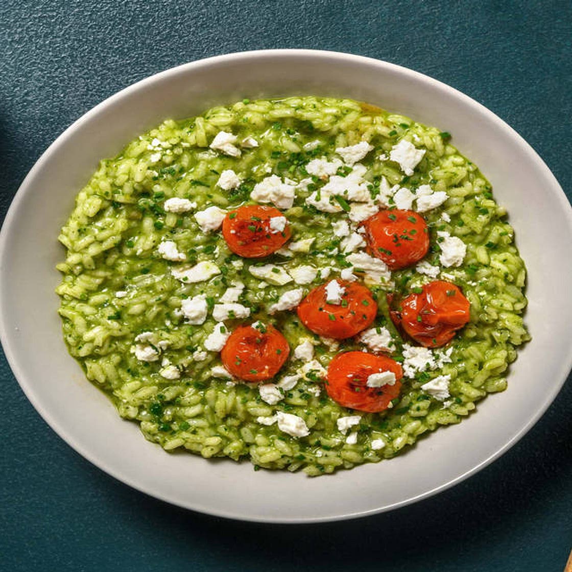 Oven-Baked Pesto Risotto with Roasted Tomatoes and Cheese