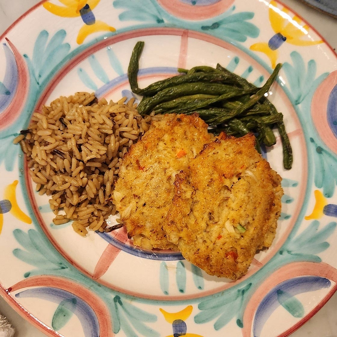 Crab Cakes with Rice Pilaf & Green Beans (Freezer/Comfort Food/Soft)