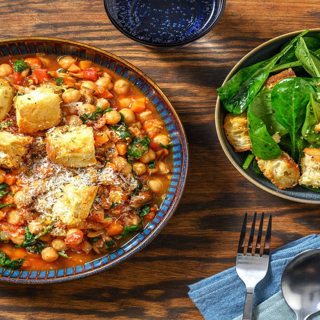 Chickpea Ribollita Stew with Parmesan Croutons and Spinach Salad
