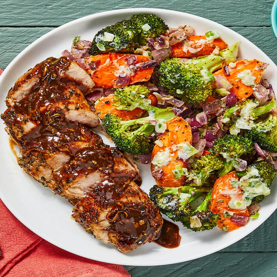 Balsamic-Glazed Pork Tenderloin with Roasted Veggie Jumble & Herby Yogurt Sauce