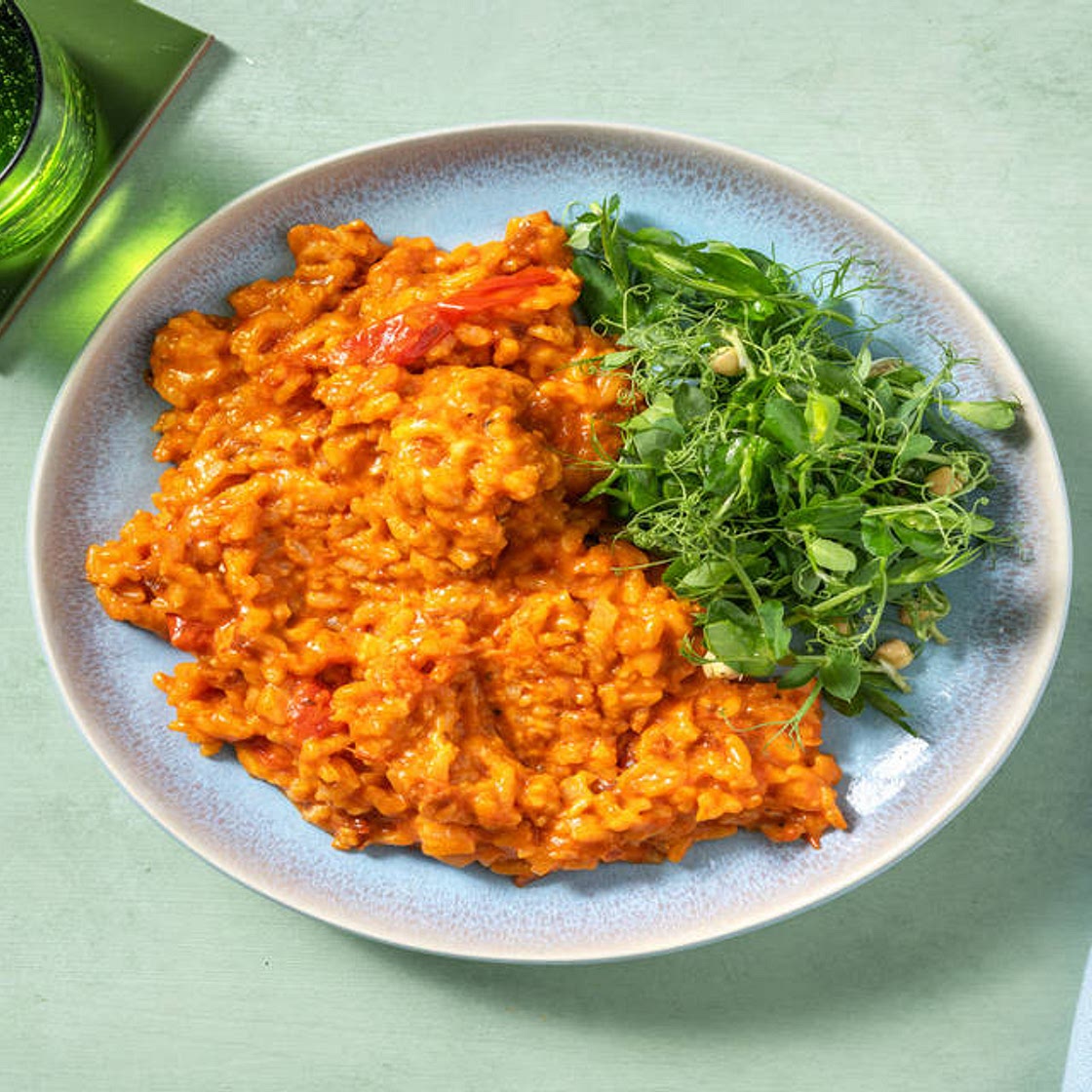 Super Cheesy Oven-Baked Tomato Risotto with Peas and Salad