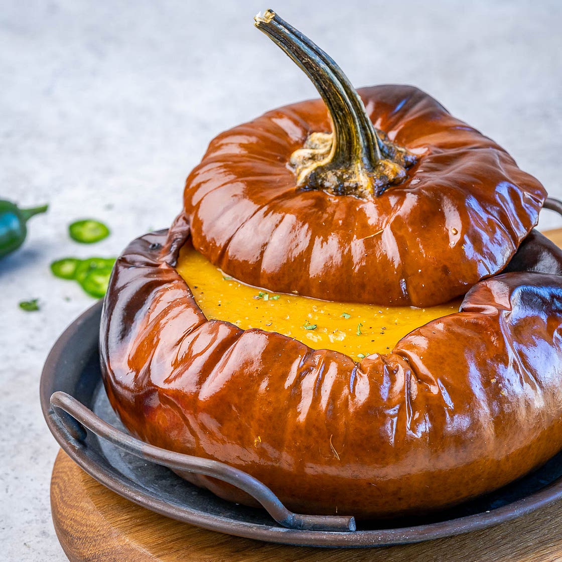 Pumpkin Jalapeno Soup in a Roasted Pumpkin