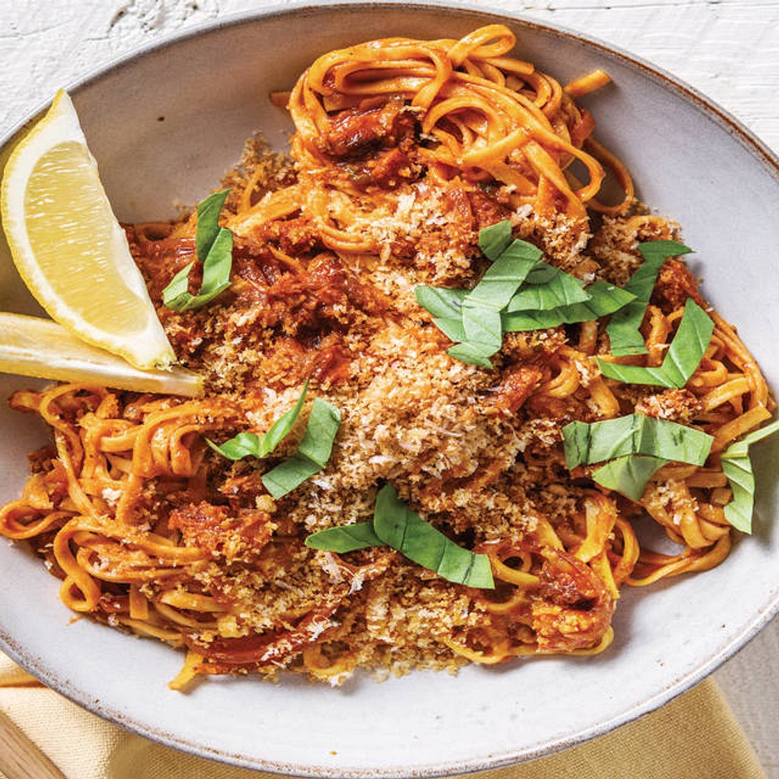Red Pesto & Chorizo Fettuccine with Lemon Pangrattato & Rocket Salad