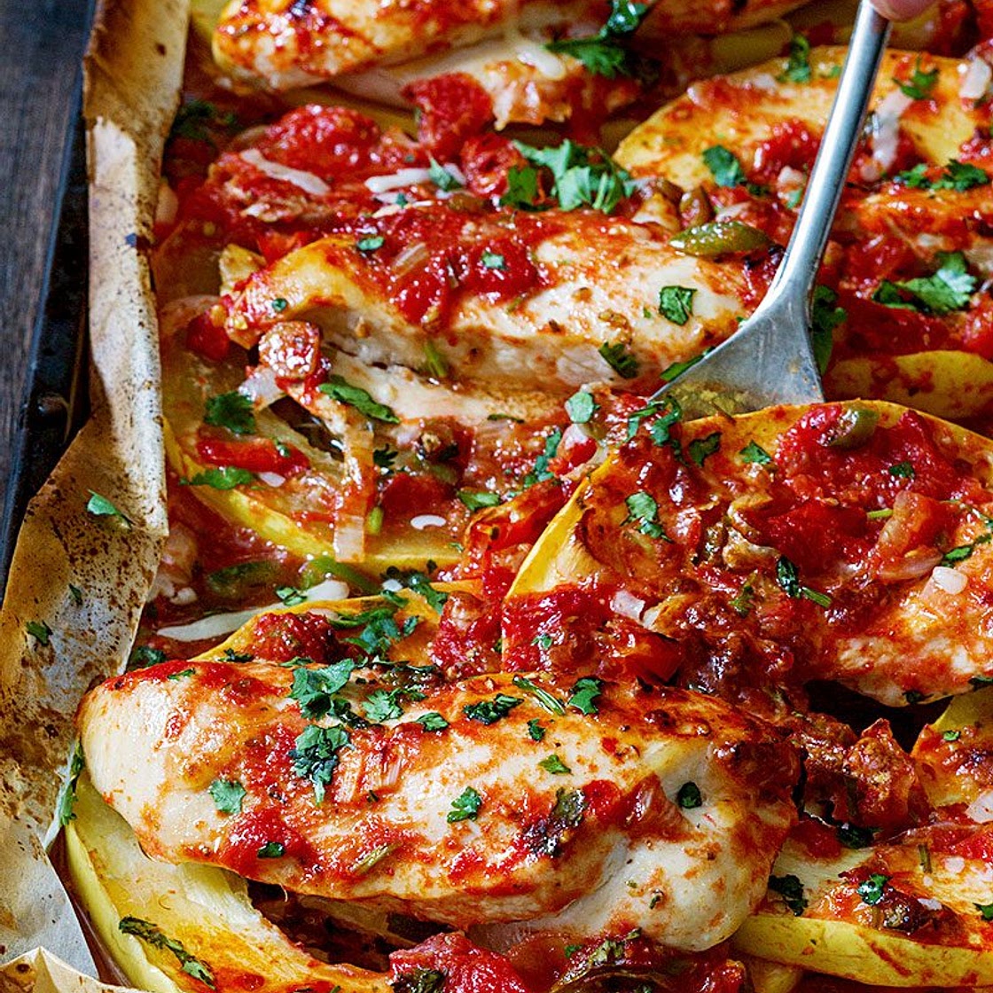 Sheet-Pan Salsa Chicken with Spaghetti Squash