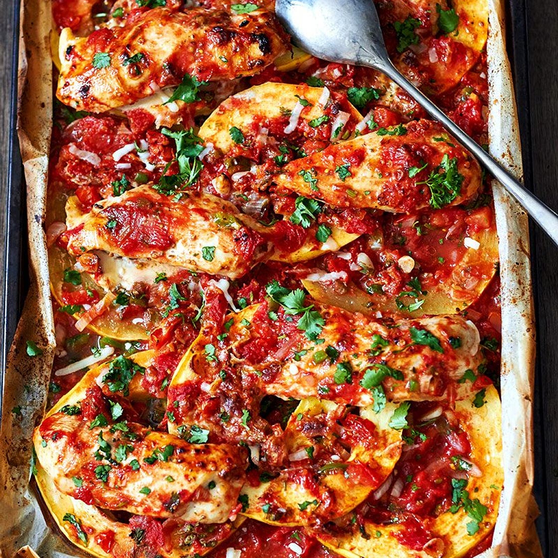 Sheet-Pan Salsa Chicken with Spaghetti Squash