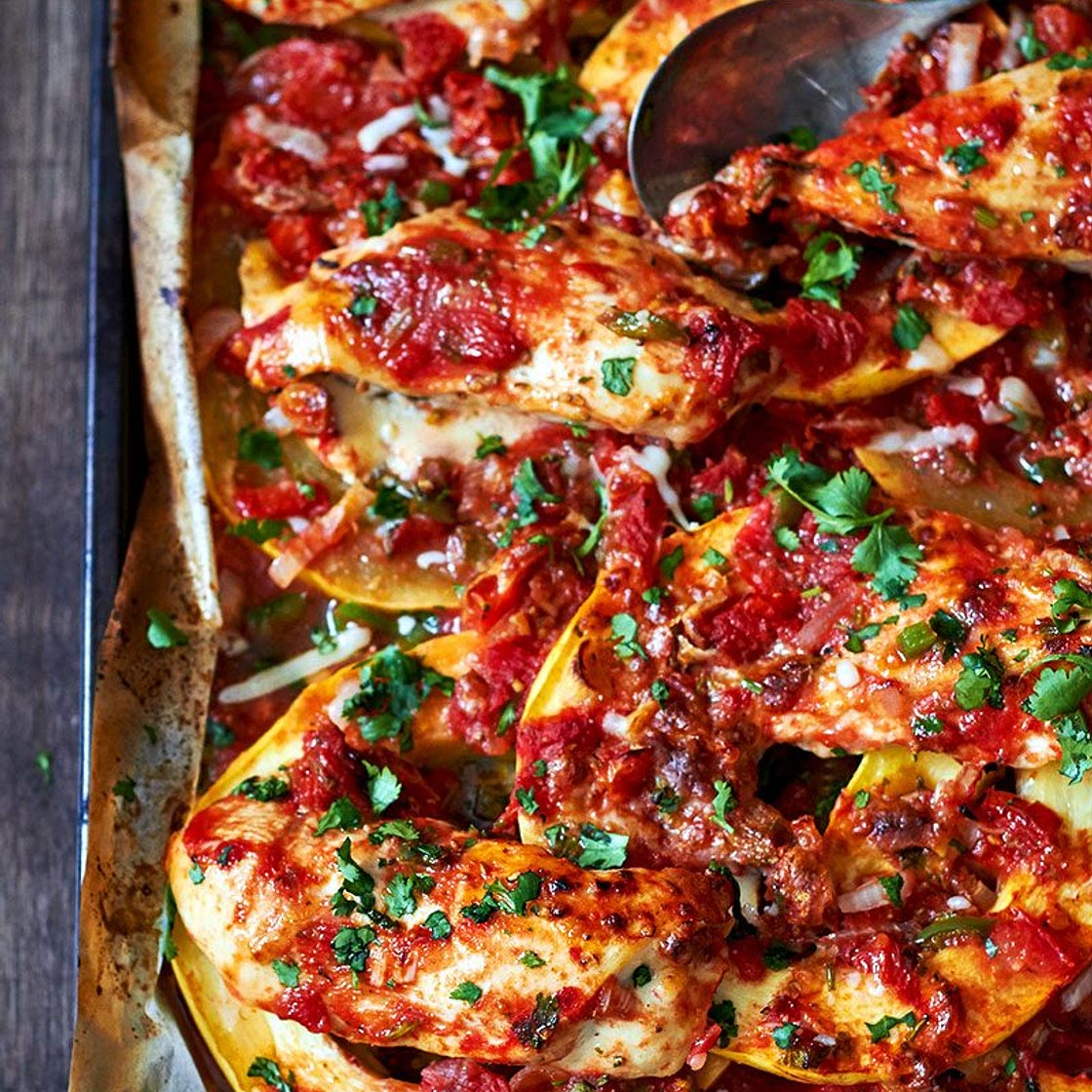 Sheet-Pan Salsa Chicken with Spaghetti Squash