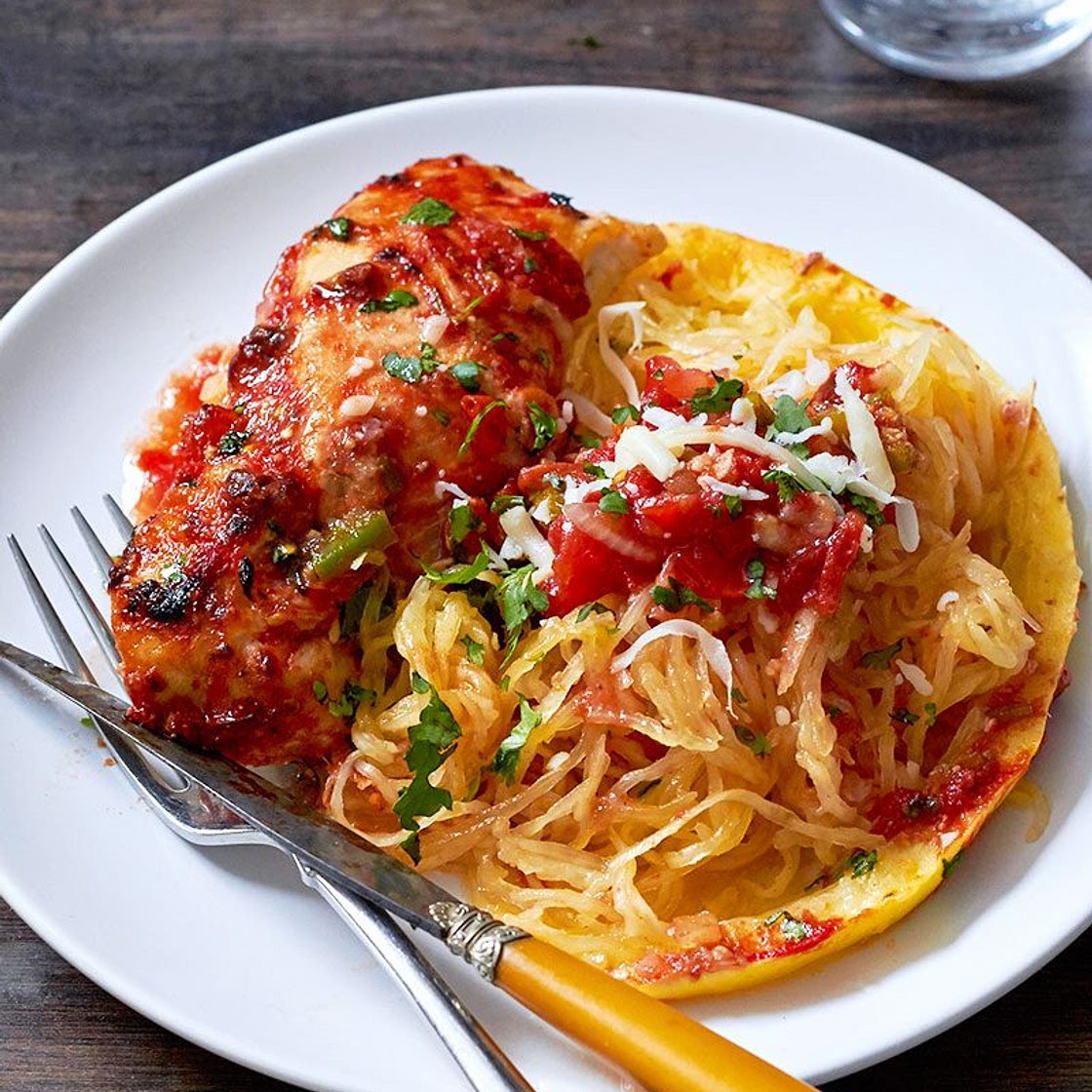 Sheet-Pan Salsa Chicken with Spaghetti Squash