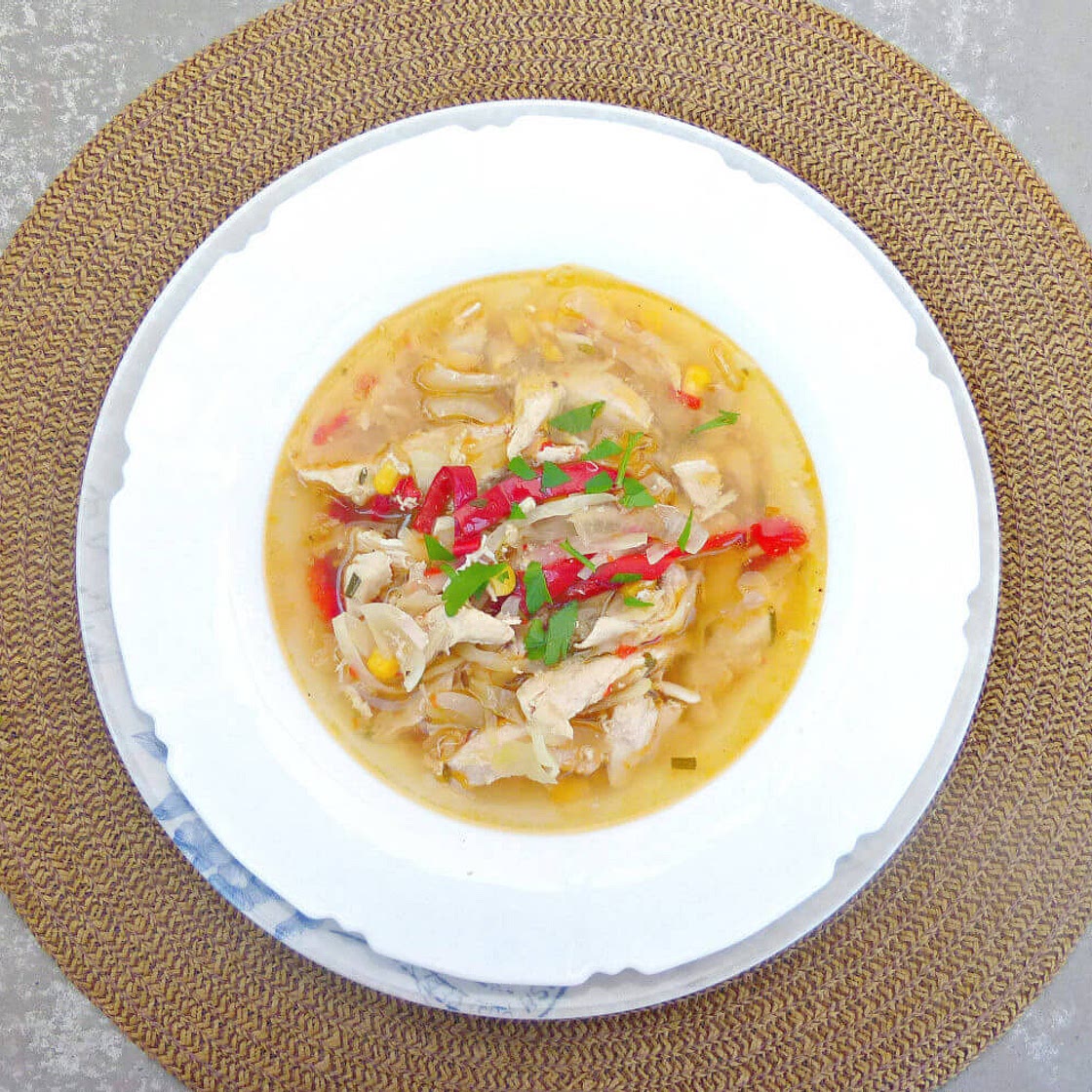 Chicken, Sweetcorn and Cabbage Crockpot Soup (Low Fat, Clean and GF)